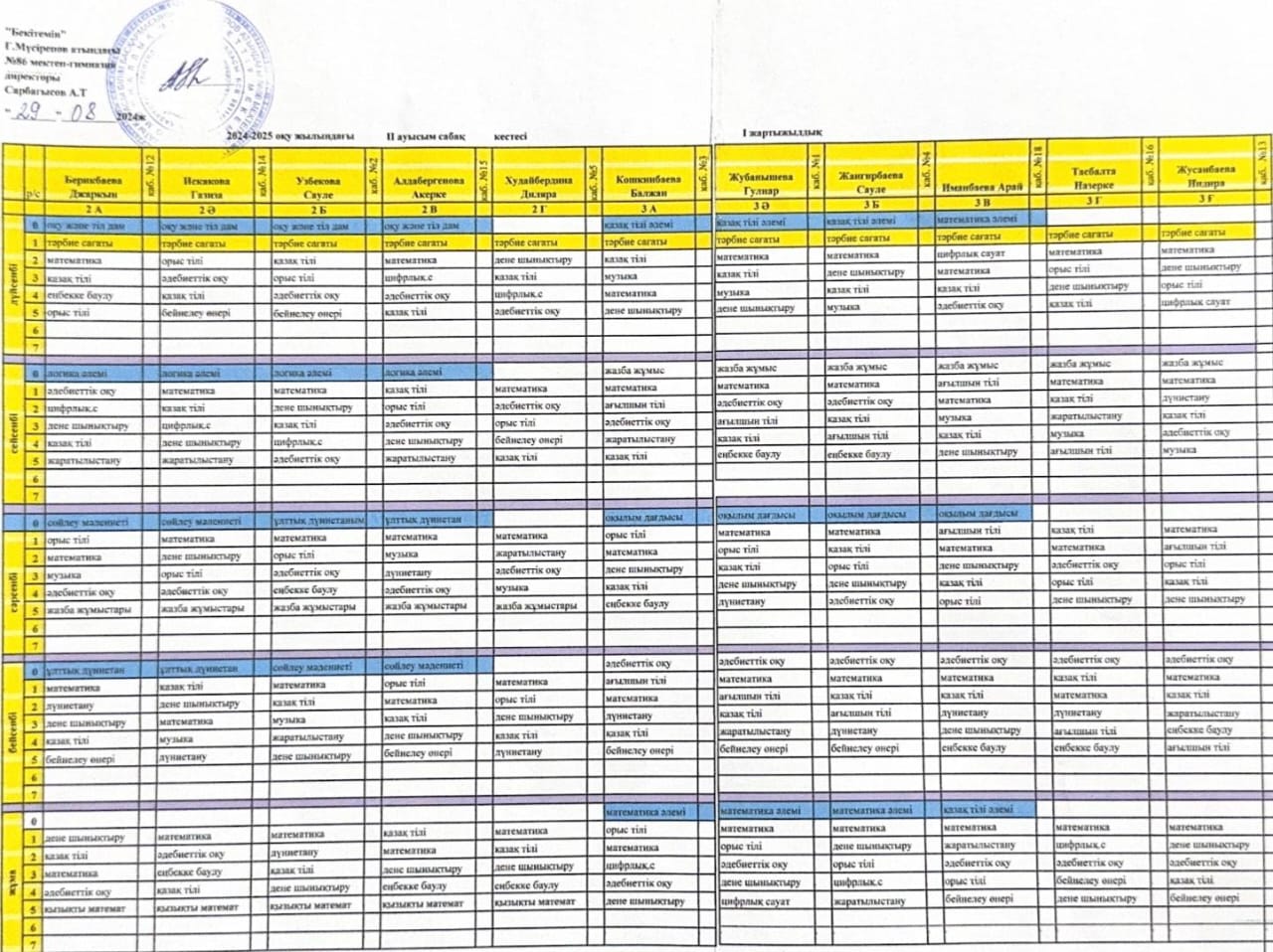 2024-2025 оқу жылындағы II ауысым сабақ кестесі I тоқсан (2-3 сынып)
