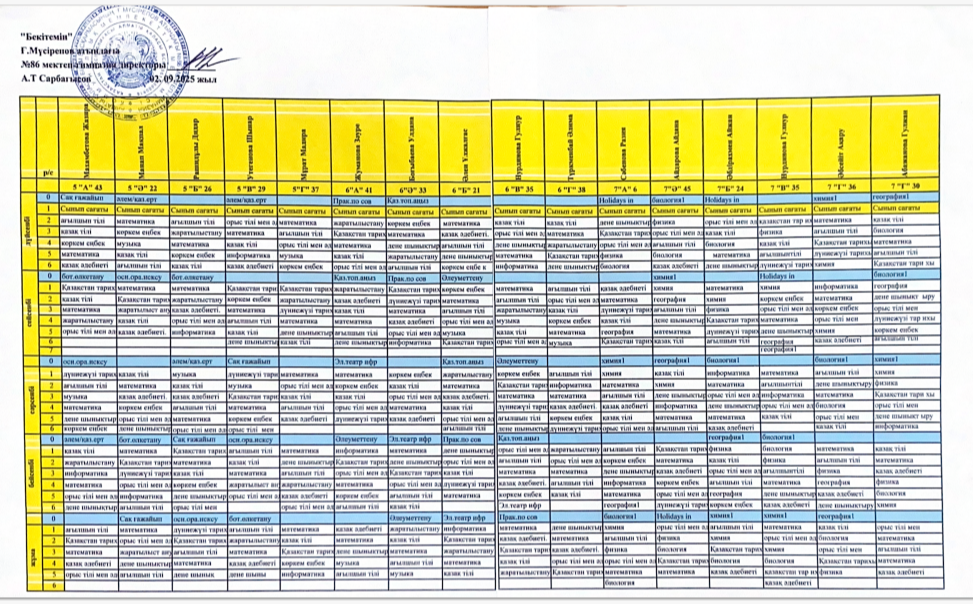 2025-2026 оқу жылына арналған 1 жартыжылдық сабақ кестесі