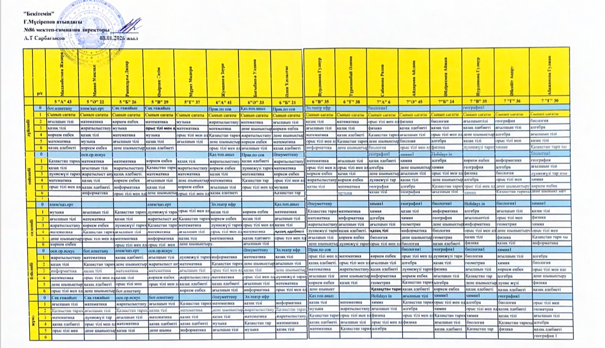 2025-2026 оқу жылына арналған 2 жартыжылдық сабақ кестесі